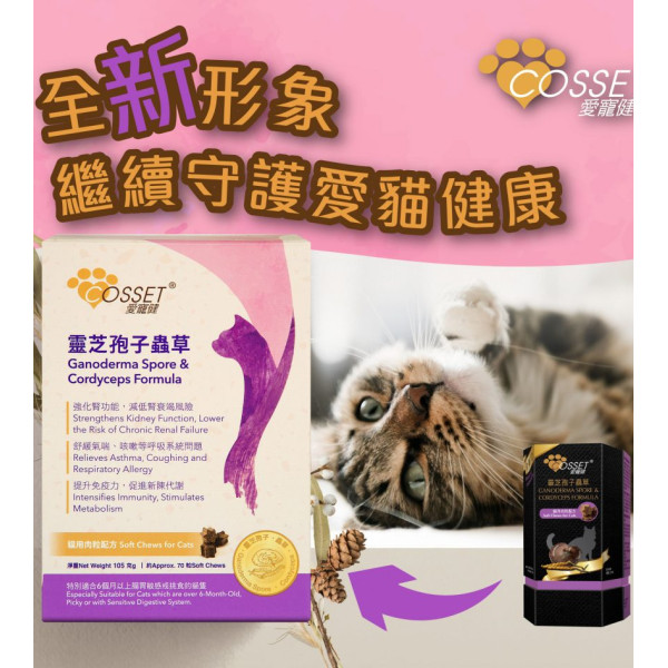 Cosset Ganoderma Spore & Cordyceps Formula Soft Chews for Cats 靈芝孢子蟲草貓用肉粒配方 70粒