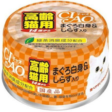 CIAO Tuna & Shirasu for over 14 years old Senior Wet mousse Food 頂級貓罐系列 :高齡貓－吞拿魚＋白飯魚（慕絲)75g  X24