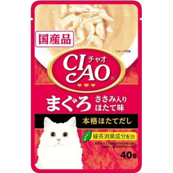 CIAO Pouch for cats tuna with scallop 雞肉, 吞拿魚帶子 (帶子湯底) 40g X16