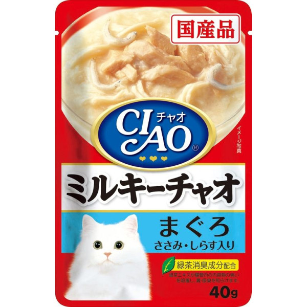 CIAO Pouch for cats white cream Tuna , Chicken and whitebait 雞肉, 吞拿魚及白飯魚 (忌廉白汁) 40g 