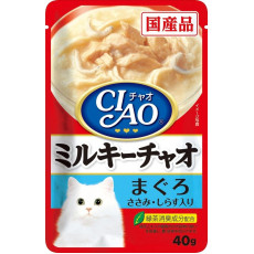 CIAO Pouch for cats white cream Tuna , Chicken and whitebait 雞肉, 吞拿魚及白飯魚 (忌廉白汁) 40g X16
