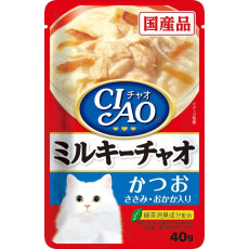 CIAO Pouch for cats white cream Bonito & Chicken with Dried Bonito 鰹魚, 雞肉及木魚片 (忌廉白汁) 40g 